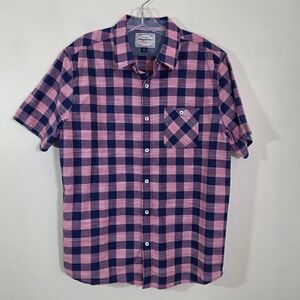 Flag & Anthem Mens Shirt Buffalo Plaid Cotton Casual Button Down Pink Navy Sz L